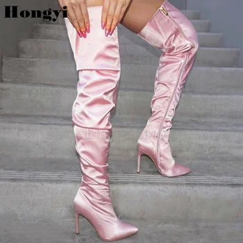 Moda sladko roza satenasto stegno visoki škornji ženske tanke visoke pete poljski strani zadrgo zaprtje preko kolena boot