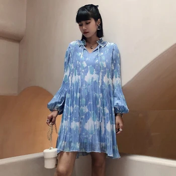 TWOTWINSTYLE Priložnostne Naguban Tiskanja Obleke Za Ženske O Vratu Luč Dolg Rokav Visoko Pasu Hit Color Mini Poletje Obleko Ženske Nova