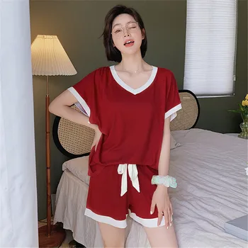 Ženske Poletne Bombažno Pižamo Nastavite 2021 New visoke kakovosti Kratek Rokav Spanja Vrhovi + Hlače Pyjama Femme Plus Velikost Dom Salon Obrabe
