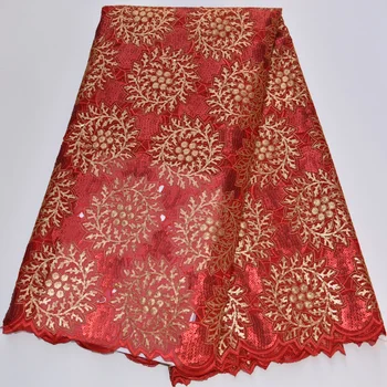 (5yards/pc) visoke kakovosti Afriške handcut organza čipke tkanine, rdeča in zlata, ki sije tiste vezenine za moda obleko OP015