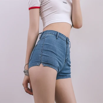 Poletja 2018 ženske, visoka elastičnost traper vroče kratke hlače ženske denim priložnostne hlače Visoko pasu Split Robom traper hlače za ženske