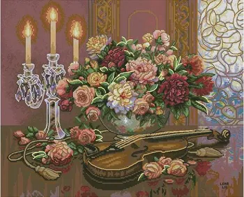 Vrhunska Vroče Prodajo Lep Šteje Navzkrižno Šiv Kit Romantično Cvetlični Cvetlični in Violino dim 35185