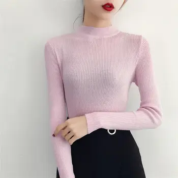 2020 Jeseni, Pozimi Osnovne Plesti Pulover Priložnostne Moda Slim Svetlo Svileno O-Vratu Ženski Puloverji Korejskem Slogu Roza Top Femme