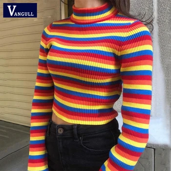 Vangull Mavrica proge ženske pulover skakalec pletenine fashion slim seksi žensk turtlenecks puloverji in puloverji pisane pull