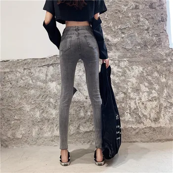 Pravi strel 2019 nov modni retro slim slim visok pas, jeans, ženski luknjo split vilice priložnostne noge jeans