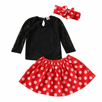 0-4Y Baby Toddler Otrok Dekliška Oblačila, ki Črne Čipke Dolg Rokav Vrhovi + Red Dot Krilo Obleko Jesen Pomlad Dekleta Kostumi