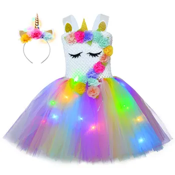 Princesa Samorog Obleko z LED luči, Dekleta Obleke Cosplay Mavrični Otroci Rojstni dan noč Čarovnic Samorog Stranka Kostum Z glavo