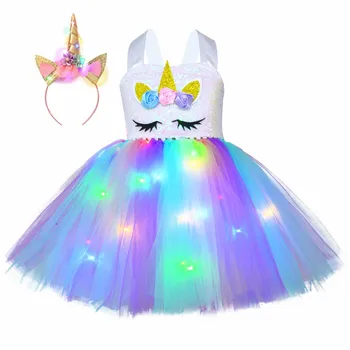 Princesa Samorog Obleko z LED luči, Dekleta Obleke Cosplay Mavrični Otroci Rojstni dan noč Čarovnic Samorog Stranka Kostum Z glavo