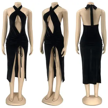 ZOOEFFBB Bodycon Elegantno Večerno Obleko Maxi za 2021 Moda za Ženske Seksi Visi Vratu Rojstni dan Obleke brez Rokavov Split Obleke