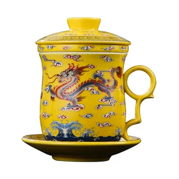 350 ml Kitajski Slog Starinsko Porcelana Tea Cup & Krožnik Določa Rumena Zmaj Filter Pokal