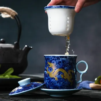 350 ml Kitajski Slog Starinsko Porcelana Tea Cup & Krožnik Določa Rumena Zmaj Filter Pokal
