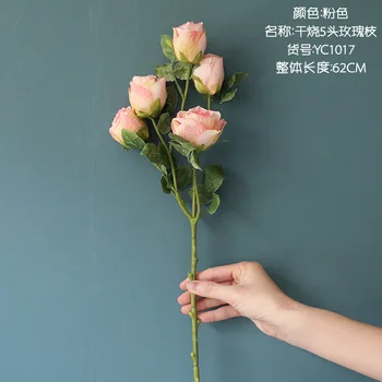 Posušene-videti, 5 glav rose vejo, svila umetno cvetje z lažnimi listi za dom tabelo okraski flores