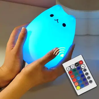 Silikonski Mačka LED Nočna Lučka Daljinsko upravljanje Touch Senzor Tapnite Pisane USB Polnilne Spalnica Postelji Lučka za Otroke Baby