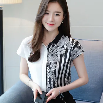 Korejski Šifon Ženske Poletne Majice Ženske Striped Majica Lady Bluze Ženska Cvetlični Majica Vrhovi Plus Velikost Blusas Mujer De Moda 2020