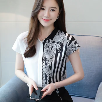 Korejski Šifon Ženske Poletne Majice Ženske Striped Majica Lady Bluze Ženska Cvetlični Majica Vrhovi Plus Velikost Blusas Mujer De Moda 2020